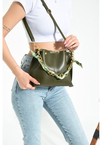 Valu Accessorize Haki Fularlı Zincir Kadın Omuz Çantası Haki