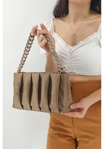 Çlk Accessories Zincirli Nubuk Büzgü Deri Tr12180 Kadın Omuz Çantası Vizon