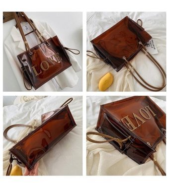 Hallow Moda Kadın Şeffaf Pvc Jelly Candy Kadın Omuz Çantası Kahverengi