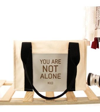 Miaju Yazılı Deri Cepli Kanvas Tote Bag Kadın Omuz Çantası Krem