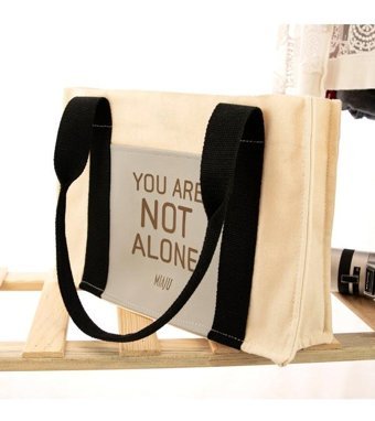 Miaju Yazılı Deri Cepli Kanvas Tote Bag Kadın Omuz Çantası Krem