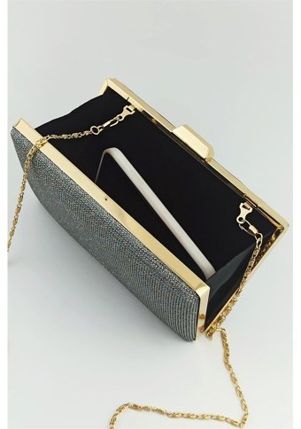 Çlk Accessories Simli Abiye Kare Model Trabiye03 Kadın Omuz Çantası Gri