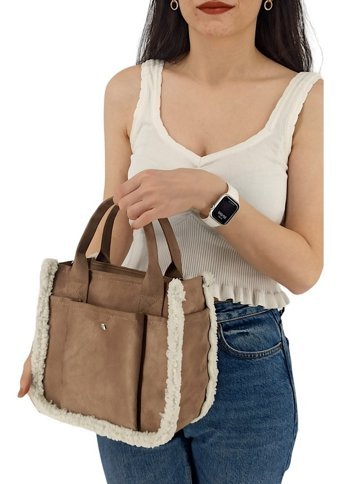 Çlk Accessories Kadife Kumaş Önü Cepli Tüylü Spor Askı Kadın Omuz Çantası Vizon