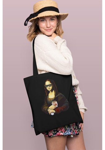 Brz Collection Monalisa Painting Kebab Tote Bag Gabardin Kadın Omuz Çantası Siyah
