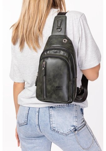 Newish Polo Kulaklık Çıkışlı Suni Deri Haki Kadın Omuz Çantası Haki