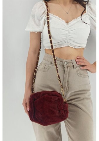 Çlk Accessories Zincir Peluş Trh3098 Kadın Omuz Çantası Bordo