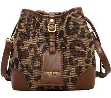 Forestbird Moda Leopar Desenli Büzgülü Kova Haki Kadın Omuz Çantası Haki
