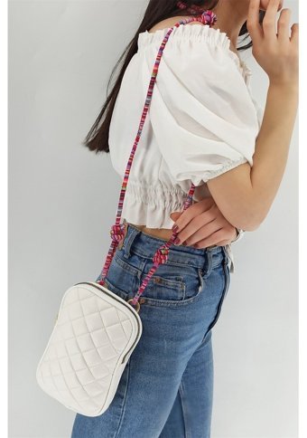 Çlk Accessories Renkli İp Kapitone luk Trry079 Kadın Omuz Çantası Beyaz