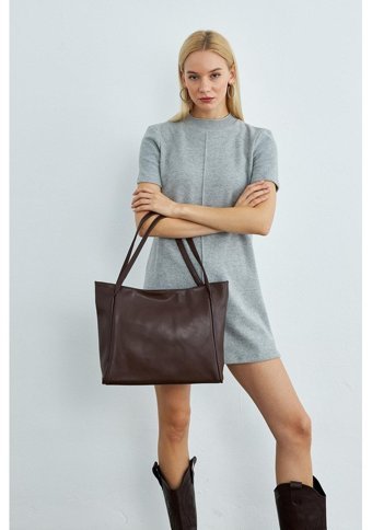 Mopia Acı Fermuarlı Shopper Kadın Omuz Çantası Acı Kahverengi