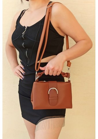 Çlk Accessories Önden Kemerli Küçük Kadın Omuz Çantası Taba