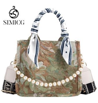 Simicg İnci Yağlı Boya Stil Kadın Omuz Çantası Yeşil