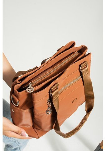 Mega Bag Saten Kadın Omuz Çantası Taba