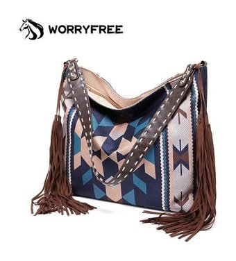 Worryfreeshopping Wr409603 Vintage Stil Püskül Kadın Omuz Çantası Mavi