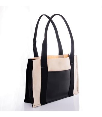 Miaju Deri Cepli Kanvas Tote Bag Krem Omuz Kadın Omuz Çantası Krem - Siyah