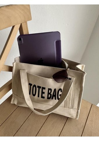 Takmoda Kanvas Kumaş Totebag Kadın Omuz Çantası Bej