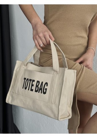 Takmoda Kanvas Kumaş Totebag Kadın Omuz Çantası Bej