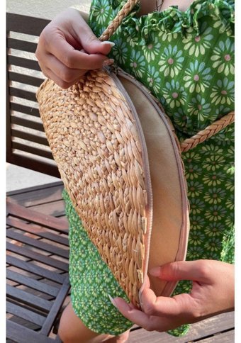 Refox Midye Zuri Clutch Hasır Kadın Omuz Çantası Bej