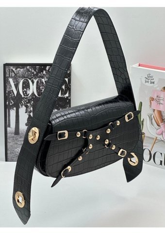 Lilienbag Suni Deri Kroko Ayarlanabilir Saplı Kadın Omuz Çantası Siyah