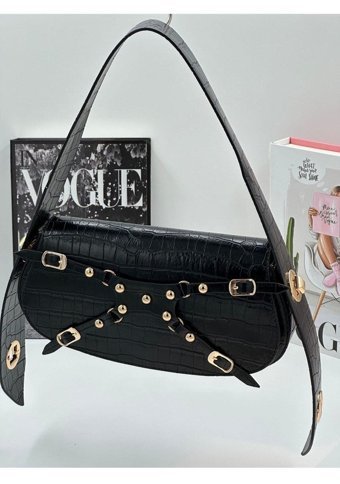 Lilienbag Suni Deri Kroko Ayarlanabilir Saplı Kadın Omuz Çantası Siyah