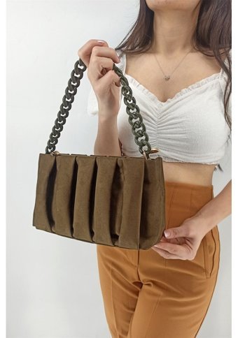 Çlk Accessories Zincirli Nubuk Büzgü Deri Tr12180 Kadın Omuz Çantası Yeşil