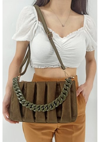Çlk Accessories Zincirli Nubuk Büzgü Deri Tr12180 Kadın Omuz Çantası Yeşil