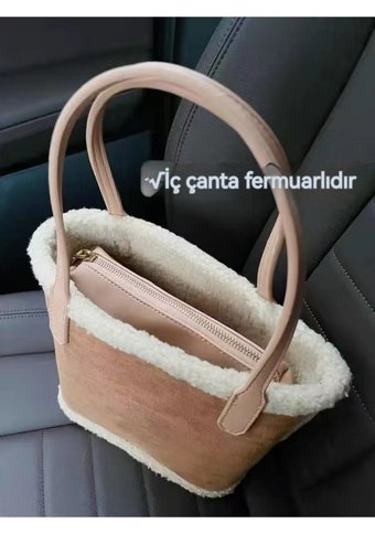 Summer Love Pelüş Büyük Kapasiteli Süet Buzlu Kuzu Yünü Tote Kova Kadın Omuz Çantası Kahverengi