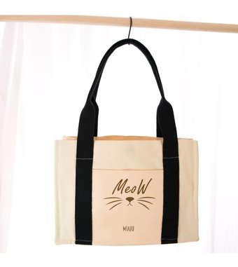 Miaju Meow Desenli Deri Cepli Kanvas Tote Bag Kol Omuz Kadın Omuz Çantası Krem