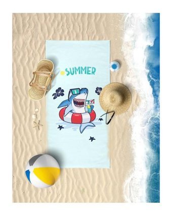 Vevien Shark Pamuk Plaj Havlusu Mavi
