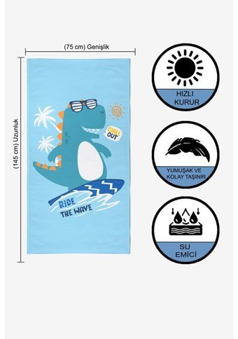 VevienHome Surf Dino Pamuk - Polyester Plaj Havlusu Mavi