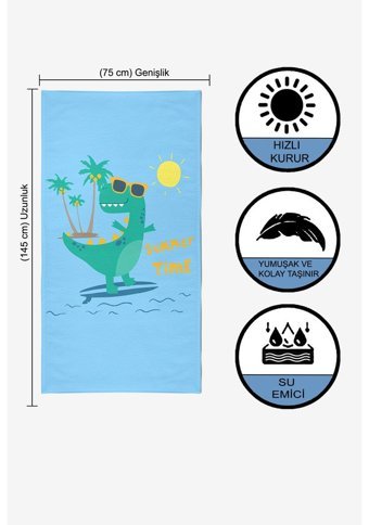 VevienHome Surf Dino 2 Pamuk - Polyester Plaj Havlusu Mavi