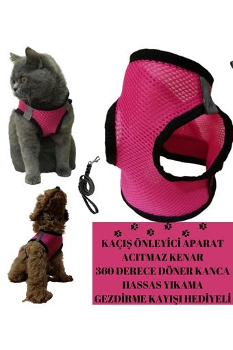 Patifashion Fileli Güvenlikli Fosforlu Pembe Ayarlanabilir Gezdirme Göğüs Kedi Tasması