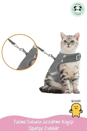 Pandogo Düz Fosforlu Gri Ayarlanabilir Gezdirme Göğüs Kedi Tasması