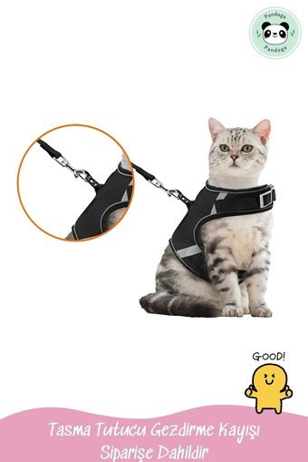 Pandogo Fileli Fosforlu Siyah Ayarlanabilir Gezdirme Göğüs Kedi Tasması
