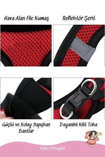Pandogo Fileli Fosforlu Kırmızı Ayarlanabilir Gezdirme Göğüs Kedi Tasması