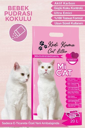 Mi Cat Bebek Pudrası Kokulu Topaklanan İnce Taneli Aktif Karbonlu Bentonit Kedi Kumu 20 lt