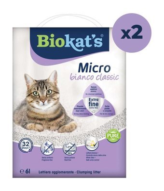 Biokat's Micro Bianco Classic Topaklanan İnce Taneli Bentonit Kedi Kumu 2x6 lt