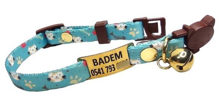Ayz Markalama Çanlı Turkuaz Gezdirme Boyun Kedi Tasması