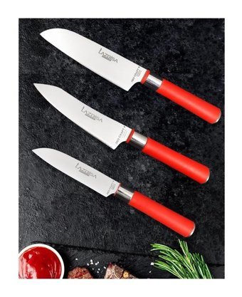 Lazbisa Red Mini Pro Paslanmaz Çelik 3 Parça Mutfak Bıçağı Seti