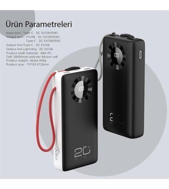 Peeq J08 20000 mAh Hızlı Şarj Type C - USB Powerbank Beyaz