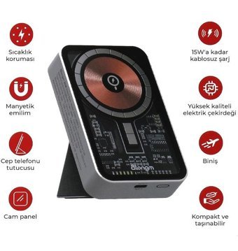 Atongm 10000 mAh Hızlı Şarj Mıknatıslı Type C Kablosuz Powerbank Beyaz - Siyah