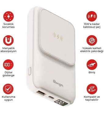 Atongm 10000 mAh Hızlı Şarj Mıknatıslı Type C Powerbank Beyaz