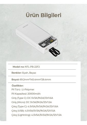 Neutron Ntl-Pb-22F2 20000 mAh Hızlı Şarj Type C - USB Powerbank Siyah