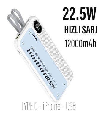 Sunix Pb10 12000 mAh Hızlı Şarj Micro Type C - USB Powerbank Beyaz