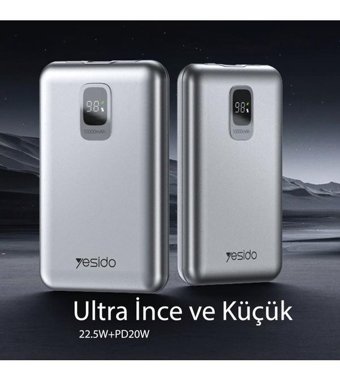Yesido Yp46 10000 mAh Güneş Enerjili Hızlı Şarj Micro Lightning - Type C - USB Powerbank Gri