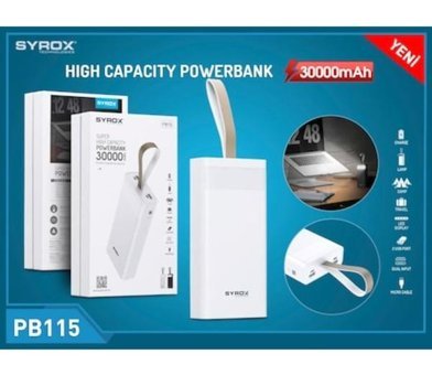 Syrox Pb115 30000 mAh Hızlı Şarj Micro Type C - USB Powerbank Beyaz