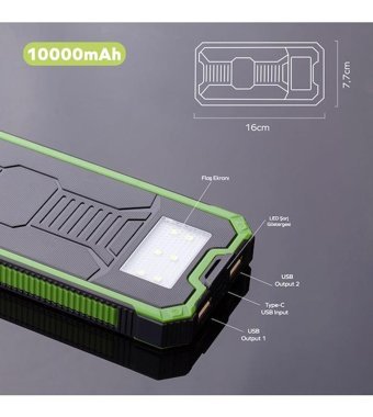 Deji 10000 mAh Güneş Enerjili Mini USB Powerbank Siyah - Yeşil