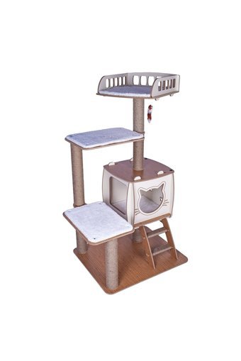 Patihomes Pro Oturaklı Oyuncaklı Merdivenli Katlı 118 cm Kedi Tırmalama Evi