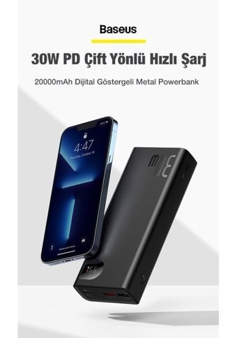 Baseus 20000 mAh Hızlı Şarj Dijital Göstergeli Type C Powerbank Siyah