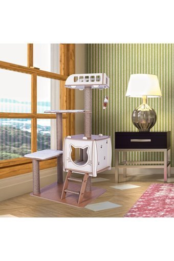 Patihomes Pro Oturaklı Oyuncaklı Merdivenli Katlı 118 cm Kedi Tırmalama Evi
