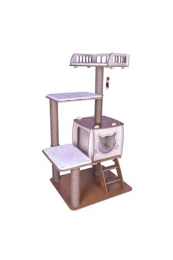 Patihomes Pro Oturaklı Oyuncaklı Merdivenli Katlı 118 cm Kedi Tırmalama Evi